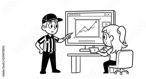 Referee explaining stock chart analysis to colleague at desk.
