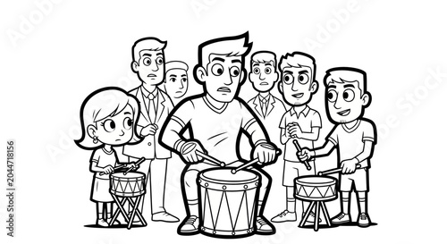 Group of People Playing Drums Together Happily Cartoon.