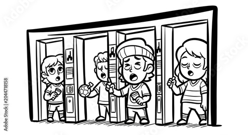Cartoon Children Waiting Nervously Outside Restroom Stalls.
