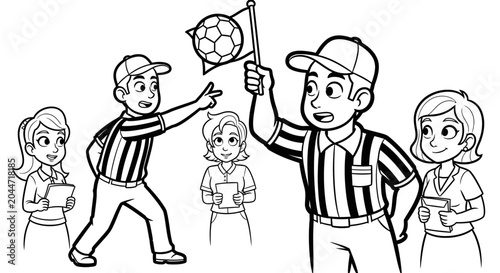 Cartoon Referee Holding Soccer Ball Flag Illustration.