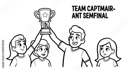Cartoon Team Celebrating Victory With Trophy Together.