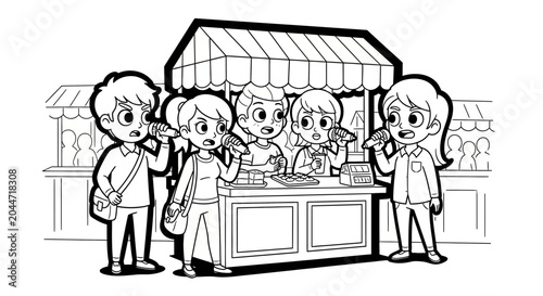 Excited children gathered at cartoon food stall counter.