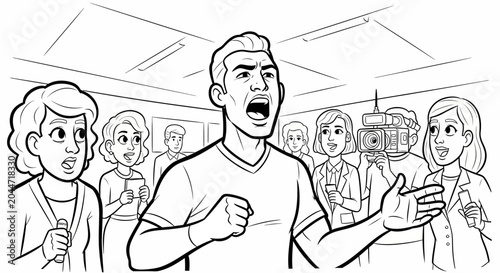 Man passionately speaking to an attentive audience indoors.