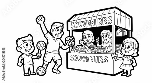 Children excitedly buying treats from souvenir stand illustration.