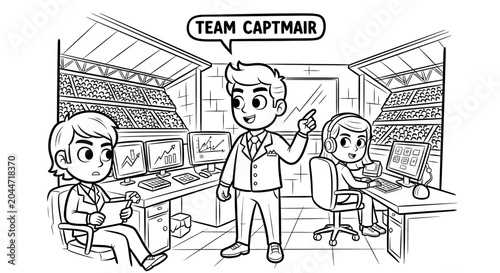 Cartoon Team Captain Leading Office Discussion With Colleagues.