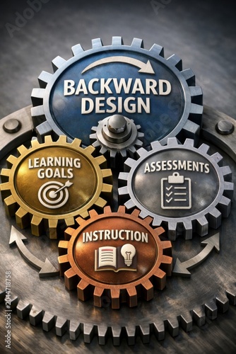 Backward design concept, gear mechanism with learning goals, assessments, instruction
