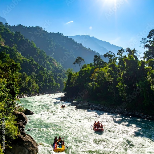 Adventurous Rafters Navigating Whitewater River Through Lush Mountain Forest