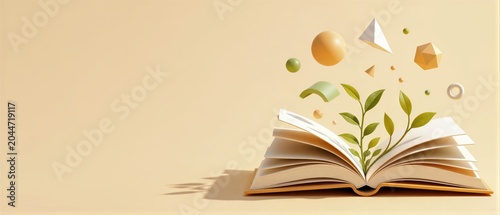 Open book with growing green leaves and 3d shapes copy space