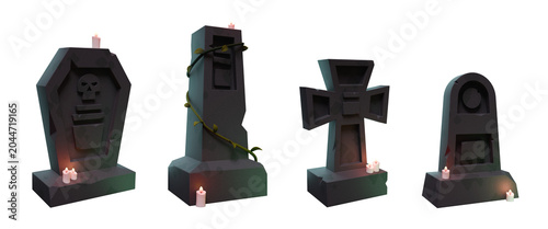 Set of 3D tombstones. Gravestones with night lighting. Halloween design elements.