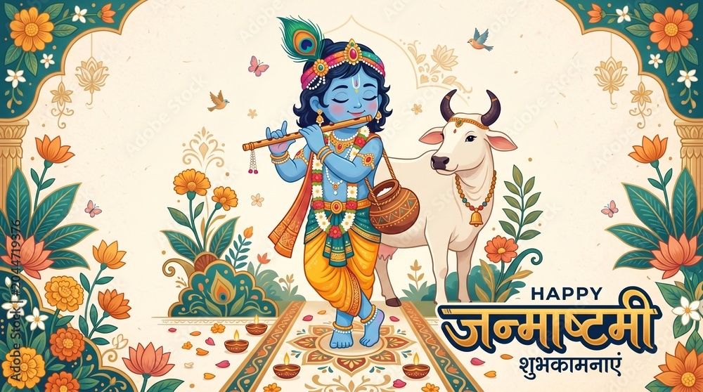Naklejka premium Happy Janmashtami Lord Krishna Flute Banner