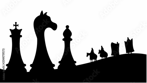 Giant chess pieces march in formation on a hill strategic game concept with king queen rook bishop knight pawn silhouettes