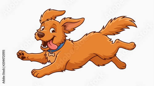 Happy cartoon golden retriever dog running with tongue out and a bone tag on its collar isolated on white background
