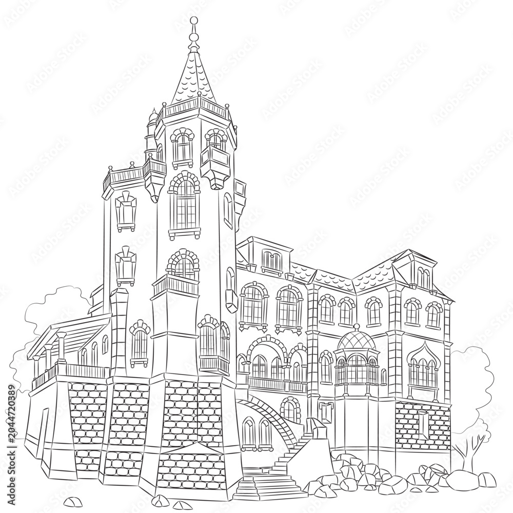 Naklejka premium Historic Villa in Cascais Portugal Black and White Architectural Vector Illustration