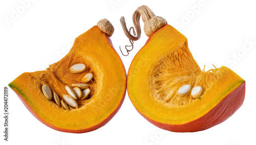 Canvastavla Two pumpkin wedges with seeds and stem pieces