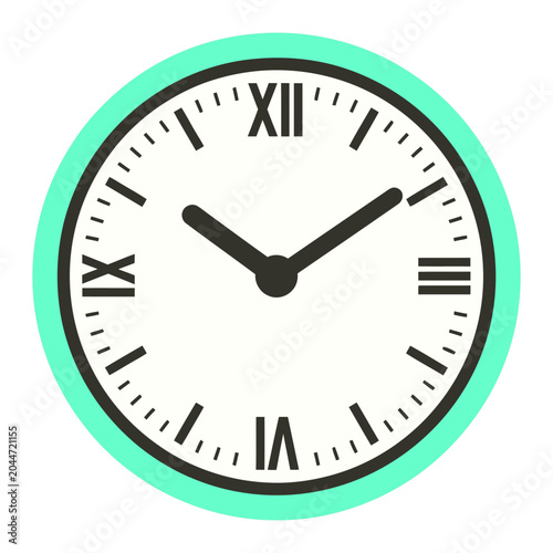 Minimalist Wall Clock with Roman Numerals and Turquoise Frame.