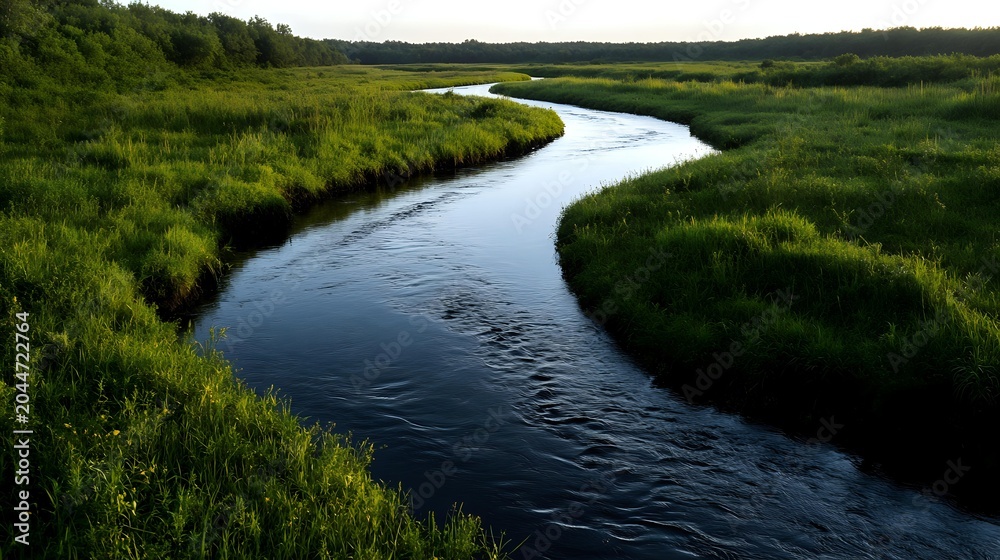 Fototapeta premium Winding river curves through lush green marshland with dense vegetation and natural wetland ecosystem, suitable for environmental and nature-themed projects.