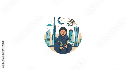 Bild auf Leinwand Emirati Woman Holding UAE Flag with Dubai Skyline Illustration