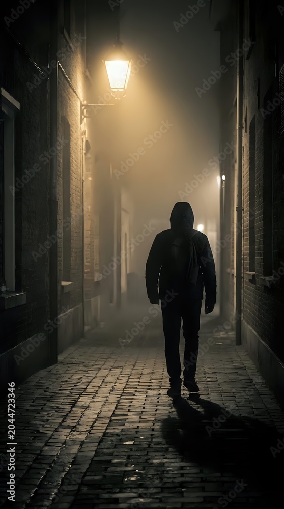 Obraz premium Person jogging alone through foggy narrow alley at night, illuminated by street lamp, wearing dark hoodie and athletic gear for fitness and urban running concepts.