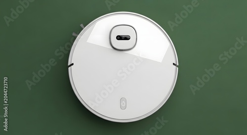 A sleek white robot vacuum cleaner on a green floor, showcasing modern technology and cleaning innovation.