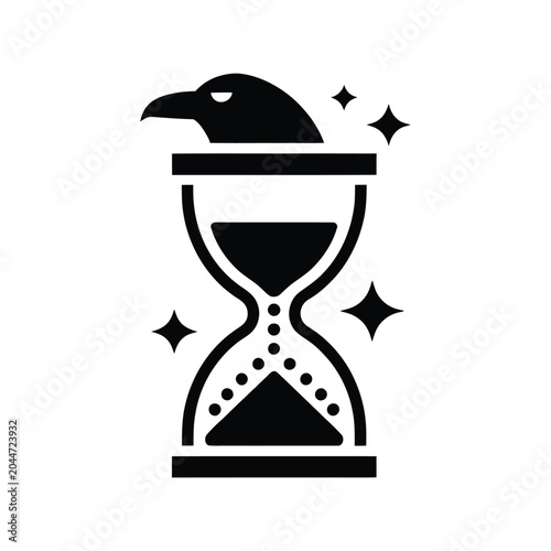 Black silhouette of an hourglass with a bird on top and sparkles