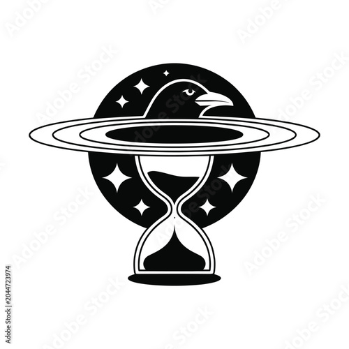 Black and white illustration of an hourglass with a planet and a bird