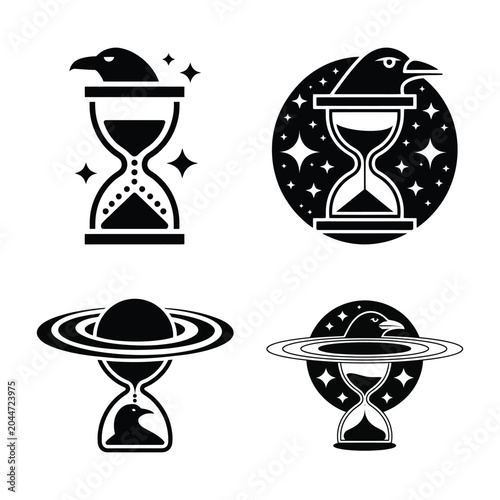 Black and white hourglass icons with raven and planet