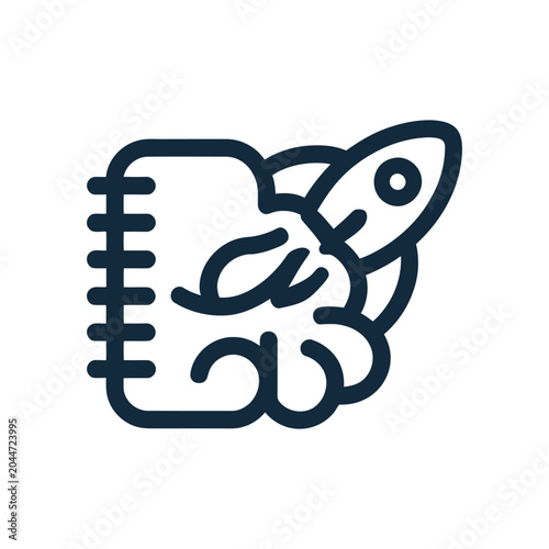 Black line icon of a notebook with a rocket taking off