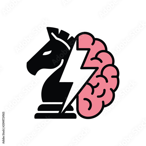 Black knight chess piece with pink brain and lightning bolt