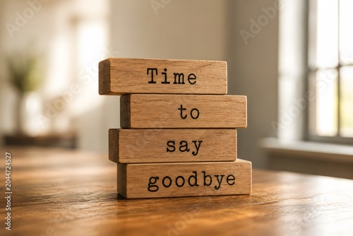 Wooden blocks with words 'Time to say goodbye'.
