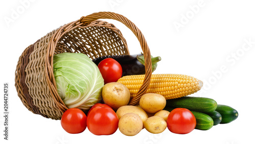 Foto Wicker basket overflowing with fresh vegetables cabbage tomatoes potatoes corn e