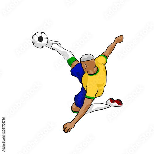 Dynamic cartoon illustration of a soccer player performing a spectacular bicycle kick in mid-air. Wearing a yellow and blue Brazil-inspired uniform with green accents, he strikes the ball powerfully w
