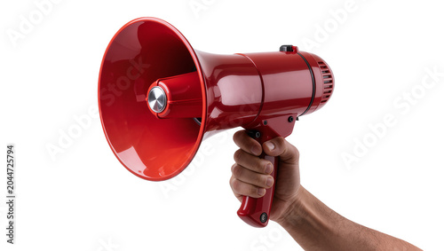 Фотография Hand holding red megaphone with metallic speaker grille