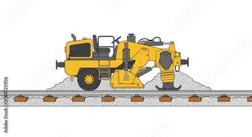 Foto Yellow ballast tamping machine working on railway track construction, isolated i