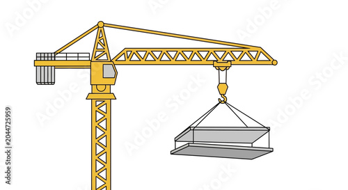 Fotografija Yellow construction crane lifting concrete slab on white background