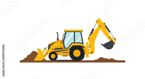 Bild auf Leinwand Yellow Backhoe Loader Digging Soil Construction Site Machine
