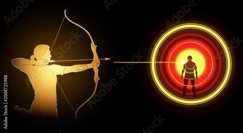 archer aiming at target with glowing arrow