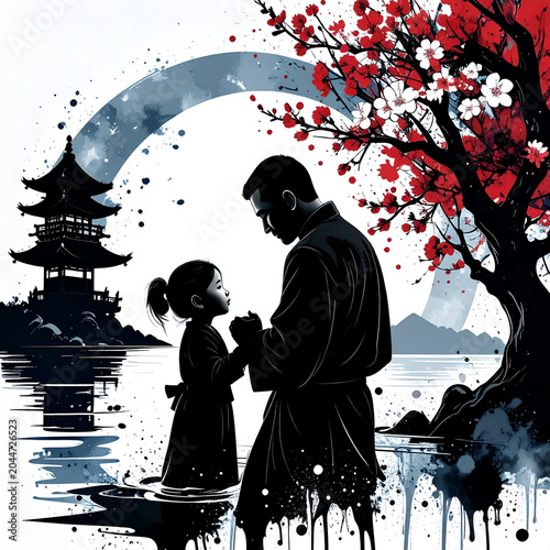 A father's stylized silhouette is shown in a relaxed but powerful pose carrying a child on shoulders, both laughing. From behind them, a massive watercolor explosion 