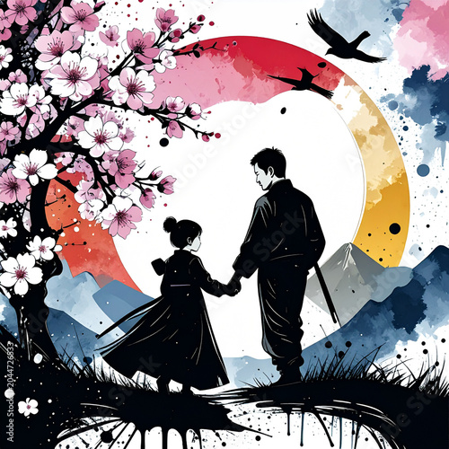 A father's stylized silhouette is shown in a relaxed but powerful pose carrying a child on shoulders, both laughing. From behind them, a massive watercolor explosion 