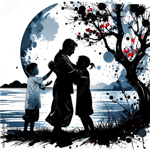 A father's stylized silhouette is shown in a relaxed but powerful pose carrying a child on shoulders, both laughing. From behind them, a massive watercolor explosion 