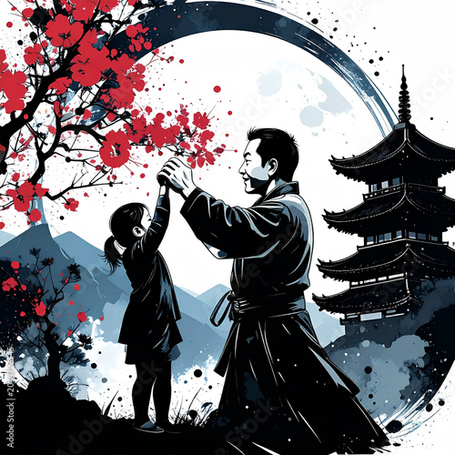 A father's stylized silhouette is shown in a relaxed but powerful pose carrying a child on shoulders, both laughing. From behind them, a massive watercolor explosion 