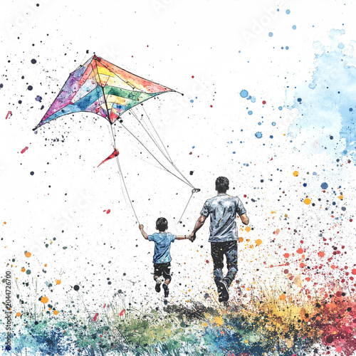 A father's stylized silhouette is shown in a relaxed but powerful pose carrying a child on shoulders, both laughing. From behind them, a massive watercolor explosion 