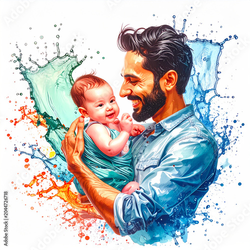 stylish minimalist vector illustration with a fine-line aesthetic. A simple line drawing of a father (bearded, casual shirt) holding a baby in a wrap carrier.