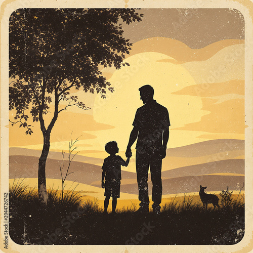 stylish minimalist vector illustration with a fine-line aesthetic. A simple line drawing of a father (bearded, casual shirt) holding a baby in a wrap carrier.