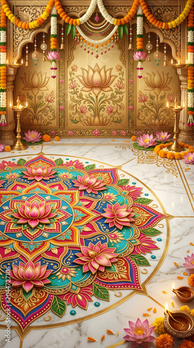 3D lotus flower rangoli design on marble floor with oil lamps.