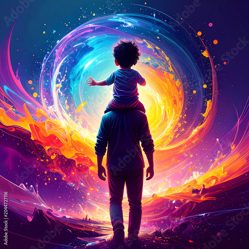 A father's stylized silhouette is shown in a relaxed but powerful pose carrying a child on shoulders, both laughing. From behind them, a massive watercolor explosion 