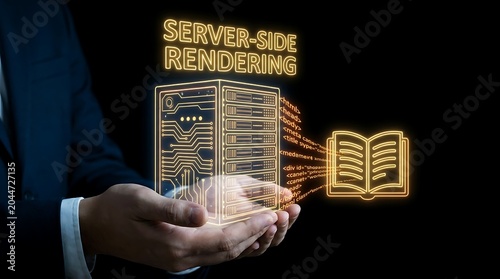 Business person holding a virtual hologram of server side rendering technology.