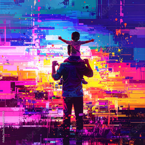 A father's stylized silhouette is shown in a relaxed but powerful pose carrying a child on shoulders, both laughing. From behind them, a massive watercolor explosion 