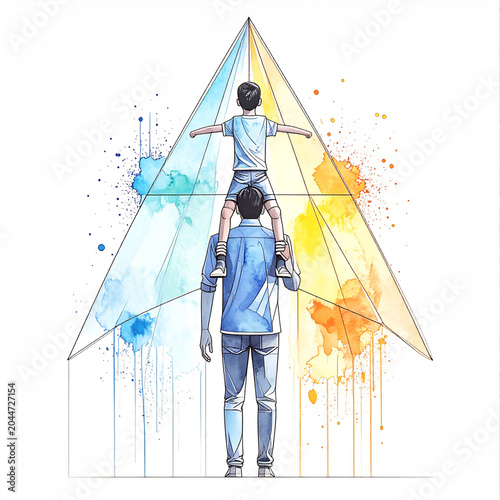 A father's stylized silhouette is shown in a relaxed but powerful pose carrying a child on shoulders, both laughing. From behind them, a massive watercolor explosion 