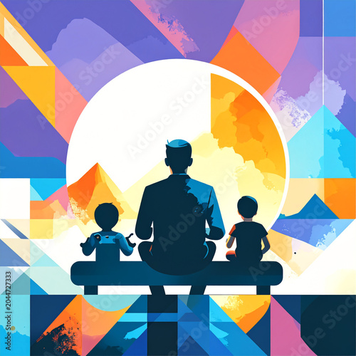 A father's stylized silhouette is shown in a relaxed but powerful pose carrying a child on shoulders, both laughing. From behind them, a massive watercolor explosion 