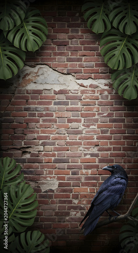 Black raven perched on branch against red brick wall and monstera leaves.